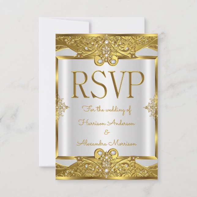 Invitation Répondre Mariage Or Blanc Perles Cadre Doré (Devant)