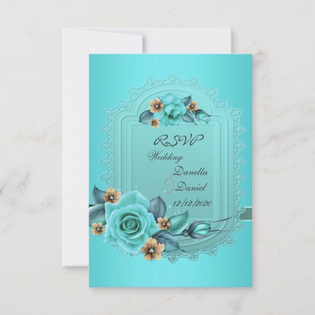 Invitation Répondre mariage sarcelle bleu beige roses fleurs  (Devant)