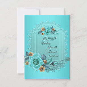Invitation Répondre mariage sarcelle bleu beige roses fleurs 