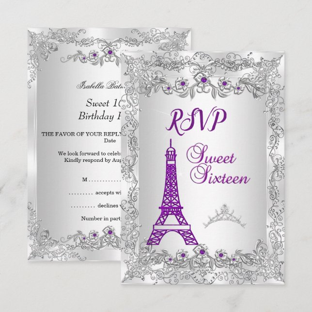 Invitation Répondre Princesse Douce 16 violet Argent Photo Fê (Devant / Derrière)