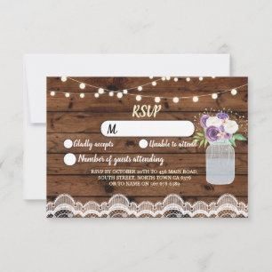 Invitation Répondre SVP Mariage Ruban de Bois Fleurs Jarre Lu