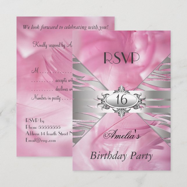 Invitation Répondre SVP Sweet 16 Rose (Devant / Derrière)