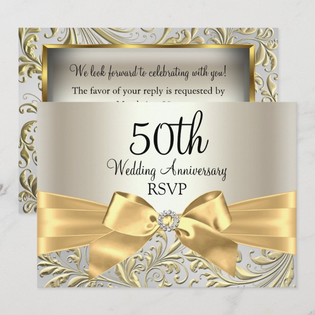 Invitation Réponse 50e anniversaire de mariage Arc d'Or et Fl (Devant / Derrière)