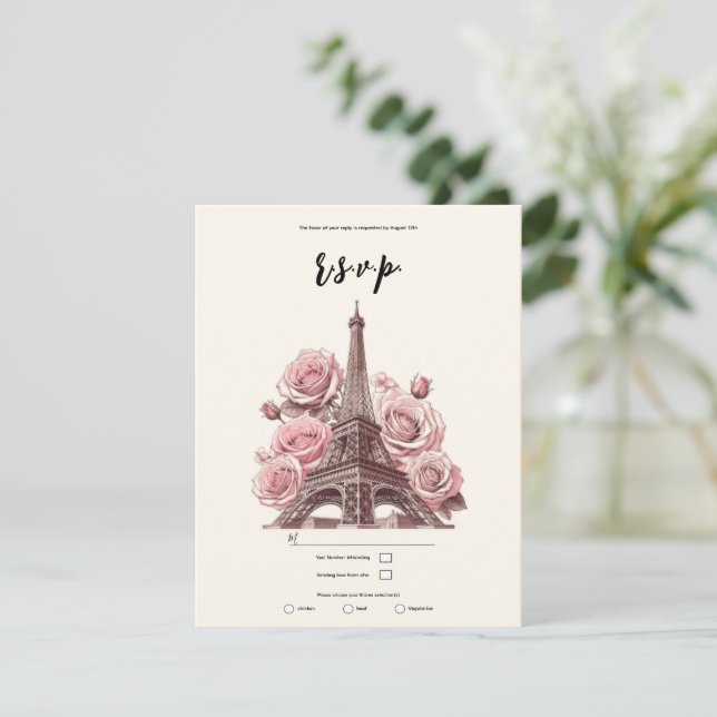 Invitation Réponse au mariage Paris Tour Eiffel & Roses roses (Debout devant)