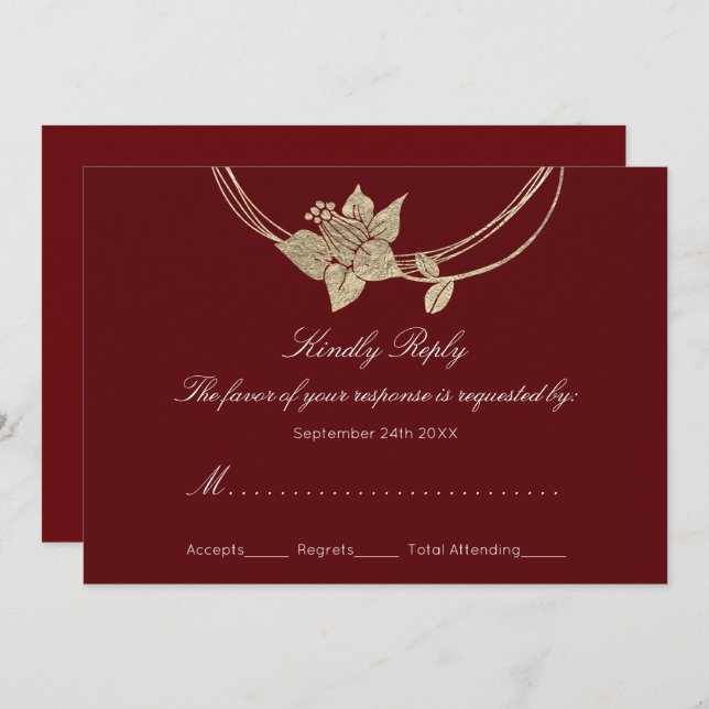 Invitation Réponse Burgundy Marron Or Couronne Florale Mariag (Devant / Derrière)