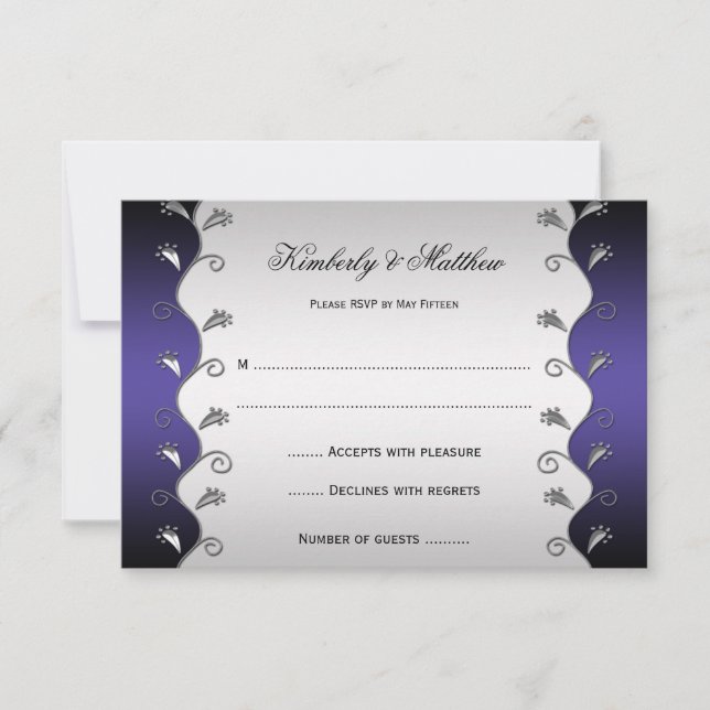 Invitation Réponse Dark Purple et Floral Silver Swirls (Devant)