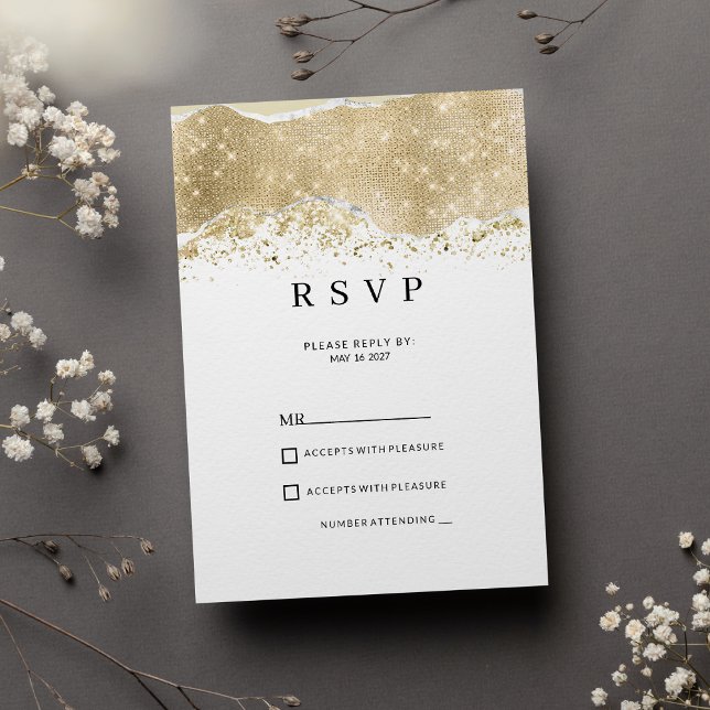 Invitation Réponse de luxe blanche avec paillettes argent et  (Luxury white silver and gold glitter RSVP)