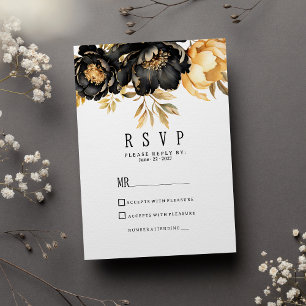 Invitation Réponse de luxe en ivoire noir or pivoine florale
