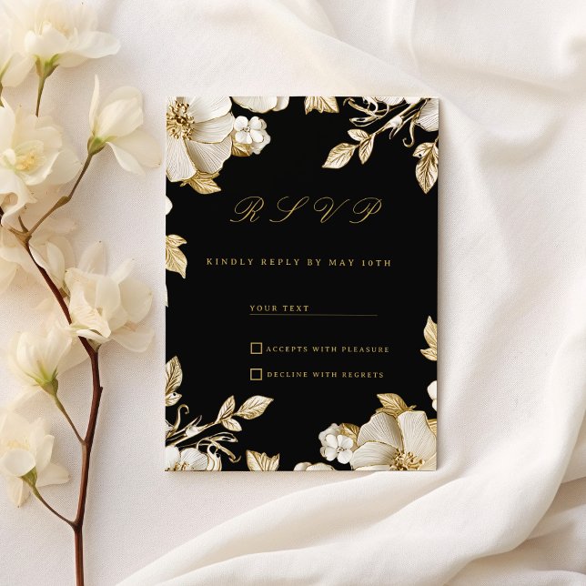 Invitation Réponse de luxe noire et or florale RSVP (Luxury black and gold floral RSVP )