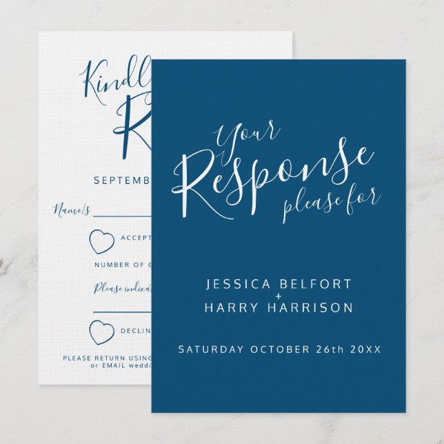 Invitation Réponse de mariage à cœur blanc bleu RSVP (Devant / Derrière)