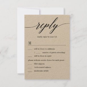 Invitation Réponse de mariage avec options de menu Kraft écri