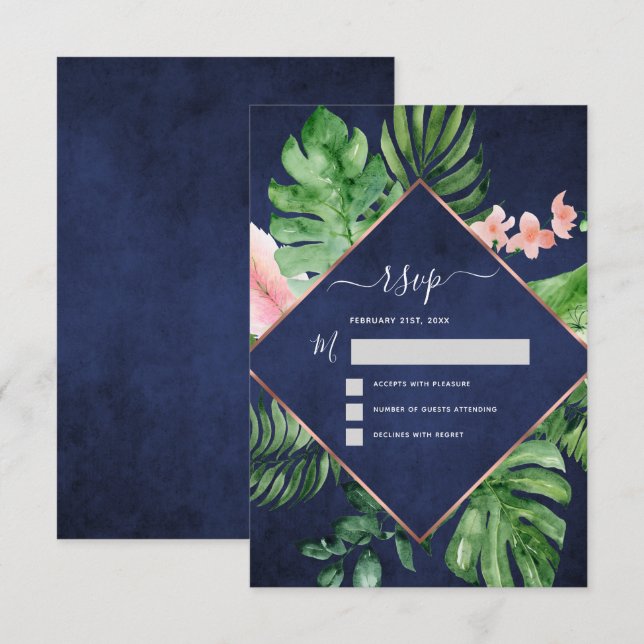 Invitation Réponse de mariage bleu marine à aquarelle de palm (Devant / Derrière)