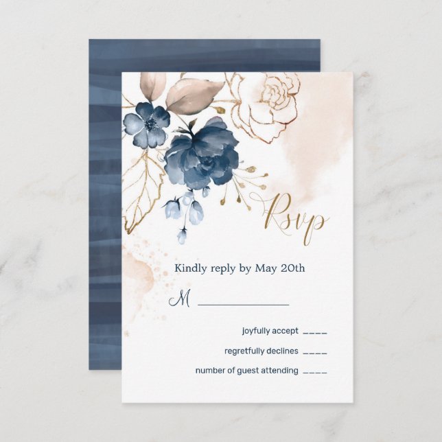 Invitation Réponse de mariage bleu marine et or floral (Devant / Derrière)