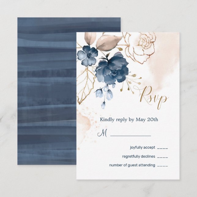 Invitation Réponse de mariage bleu marine floral et or (Devant / Derrière)