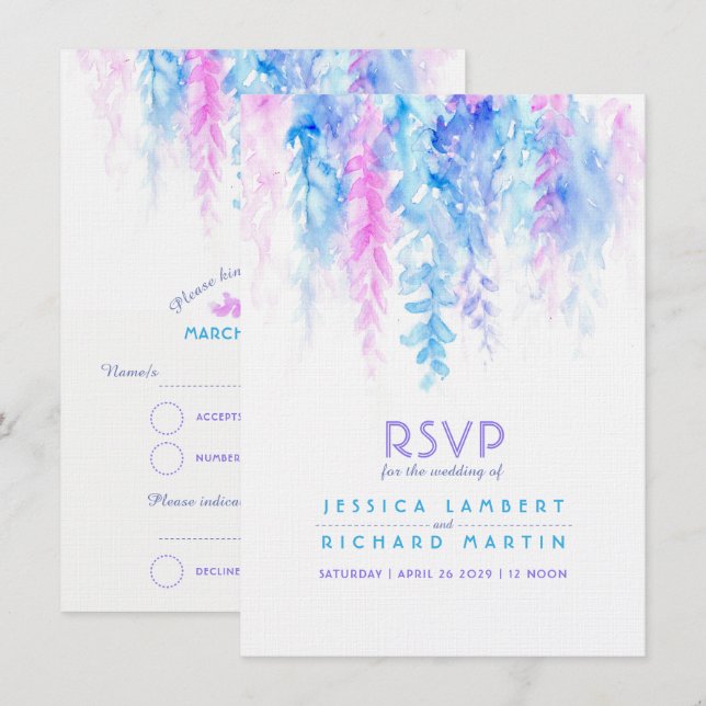 Invitation Réponse de mariage bleu violet en aquarelle en cas (Devant / Derrière)