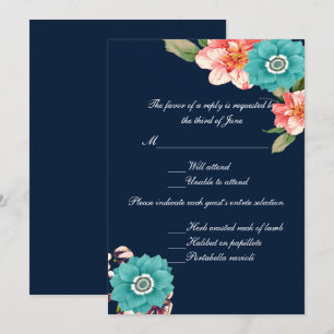 Invitation Réponse de mariage botanique florale bleue et rose