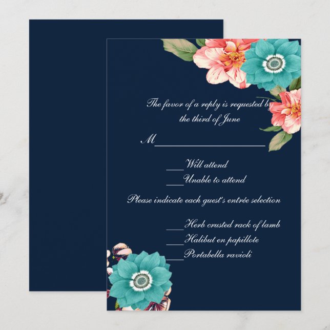 Invitation Réponse de mariage botanique florale bleue et rose (Devant / Derrière)