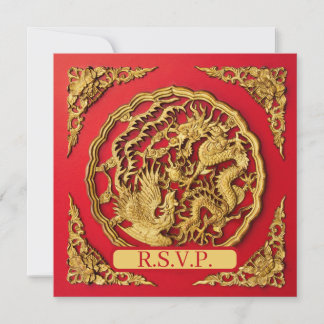 Invitation Réponse de mariage chinois Dragon Phénix Rouge Or