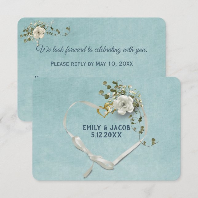Invitation Réponse de mariage Cœur sur Aqua (Devant / Derrière)
