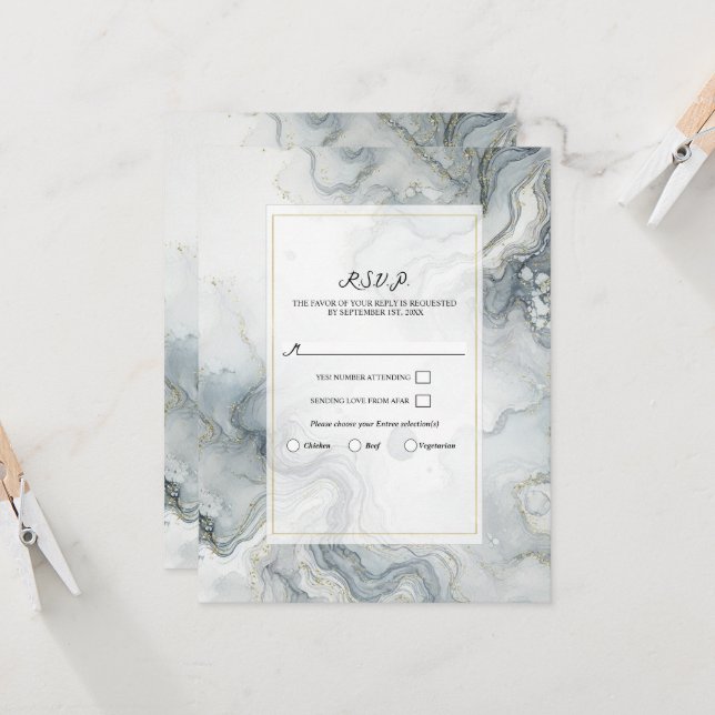 Invitation Réponse de mariage de plage Bleu Gris & Or Aquarel (Devant/Arrière en situation)