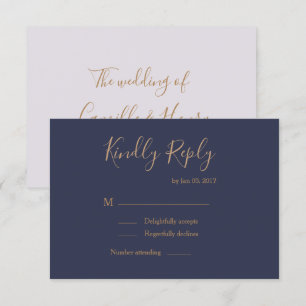 Invitation Réponse de mariage élégante bleu foncé or lilas