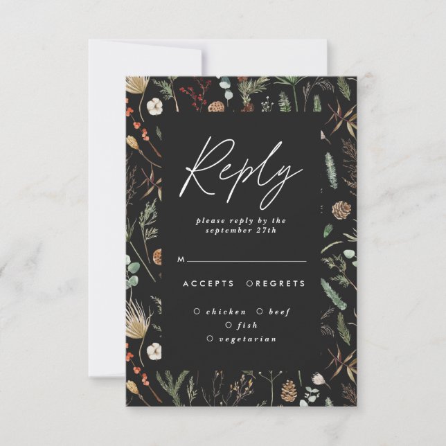 Invitation Réponse de mariage élégante botanique florale noir (Devant)