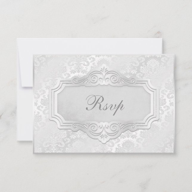 Invitation Réponse de Mariage Élégante en Damassé Argenté (Devant)