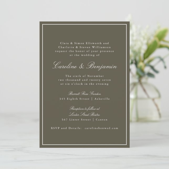 Invitation Réponse de mariage élégante Olive Classic Border S (Debout devant)