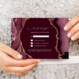 Invitation Réponse de mariage en agate bordeaux et or