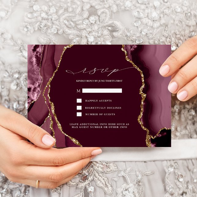 Invitation Réponse de mariage en agate bordeaux et or (Créateur téléchargé)