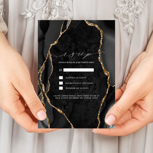 Invitation Réponse de mariage en agate noir et or (Créateur téléchargé)