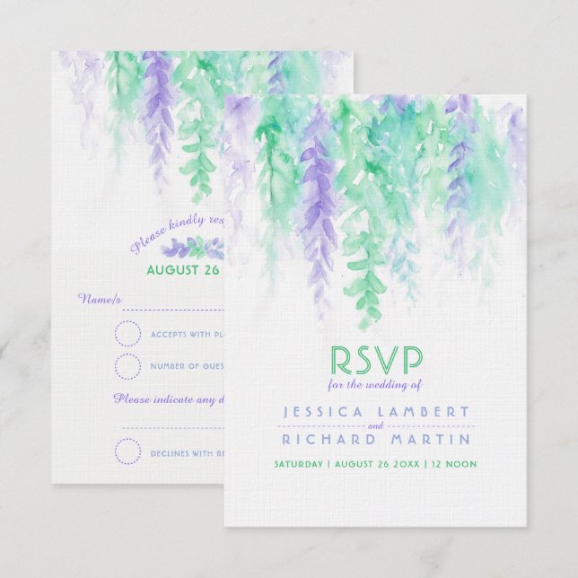 Invitation Réponse de mariage en aquarelle verte et violette  (Devant / Derrière)