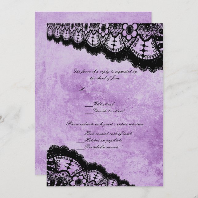 Invitation Réponse de mariage en dentelle noire grunge violet (Devant / Derrière)