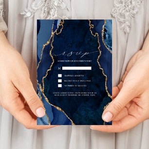 Invitation Réponse de mariage en marbre et agate dorée Navy