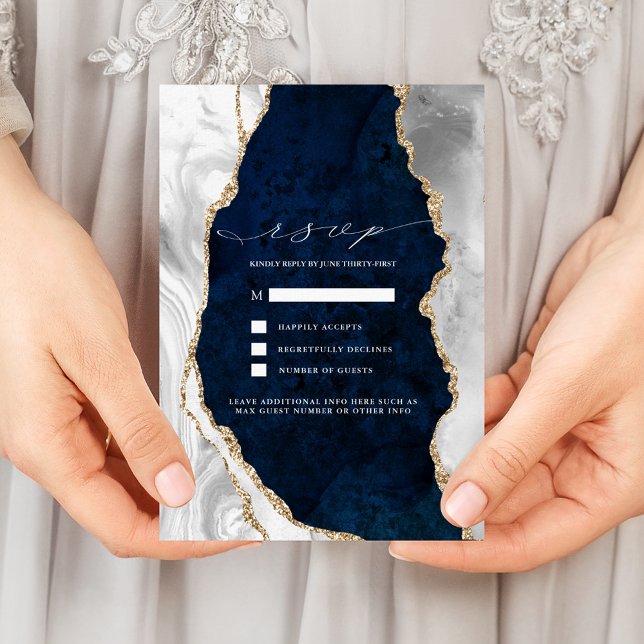 Invitation Réponse de mariage en marbre Navy, blanc et agate  (Créateur téléchargé)