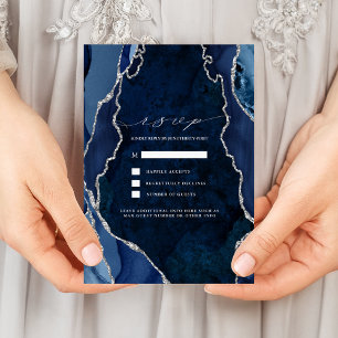 Invitation Réponse de mariage en marbre Navy et agate argenté