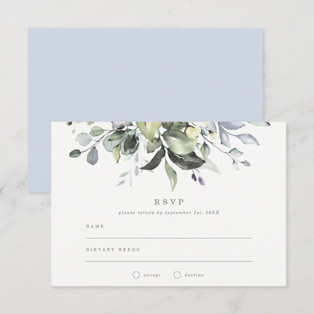 Invitation Réponse de mariage Fleurs Bleu Poussiéreux (Devant / Derrière)