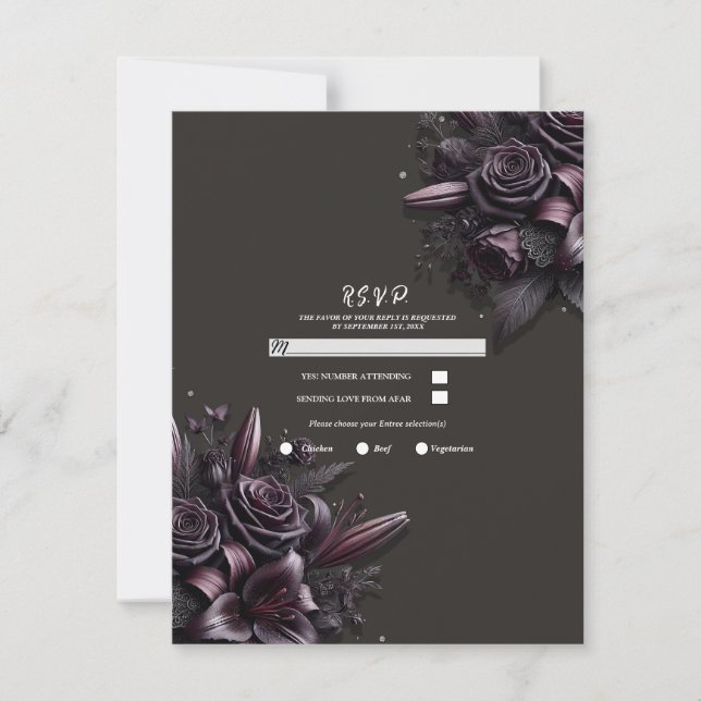 Invitation Réponse de mariage floral lys rose noir pourpre Be (Devant)