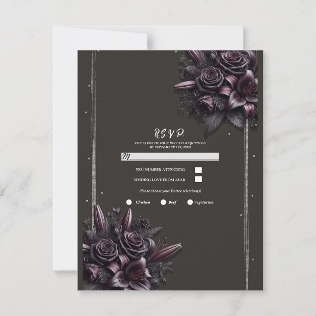 Invitation Réponse de mariage floral lys rose noir pourpre Be (Devant)