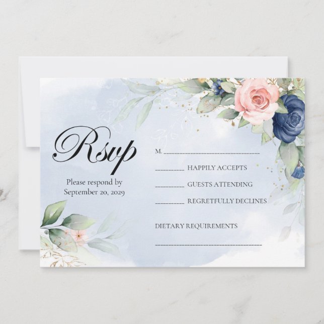 Invitation Réponse de mariage floral Navy et Blush (Devant)