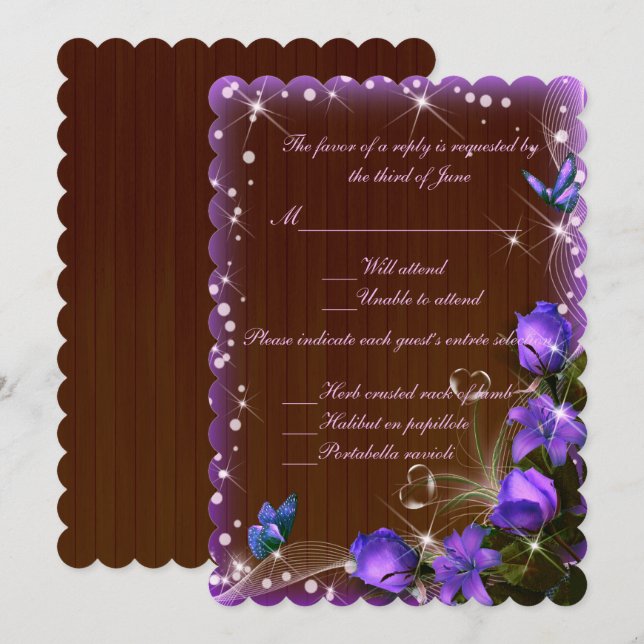 Invitation Réponse de mariage floral violet bois foncé rustiq (Devant / Derrière)