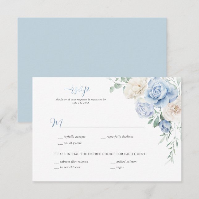 Invitation Réponse de mariage florale bleue et blanche (Devant / Derrière)