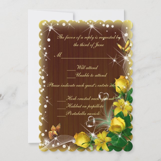 Invitation Réponse de mariage florale jaune bois foncé rustiq (Devant)