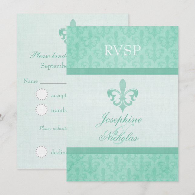 Invitation Réponse de mariage formel Fleur De Lis vert menthe (Devant / Derrière)