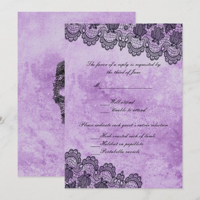 Invitation Réponse de mariage gothique violet à dentelle noir (Devant / Derrière)