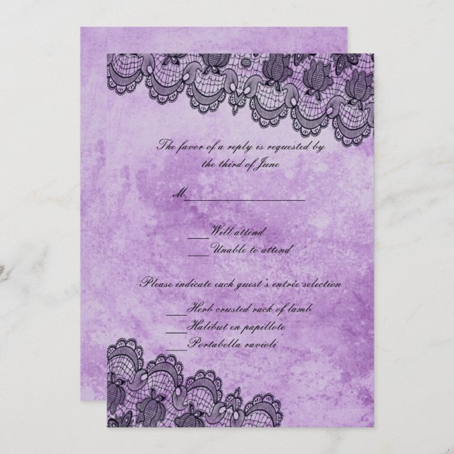 Invitation Réponse de mariage gothique violet Black Lace (Devant / Derrière)