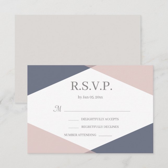 Invitation Réponse de mariage moderne géométrique rose Navy (Devant / Derrière)