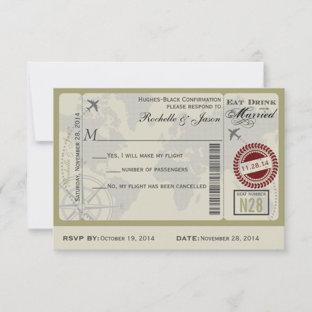 Invitation Réponse de mariage par billet de compagnie aérienn (Devant)