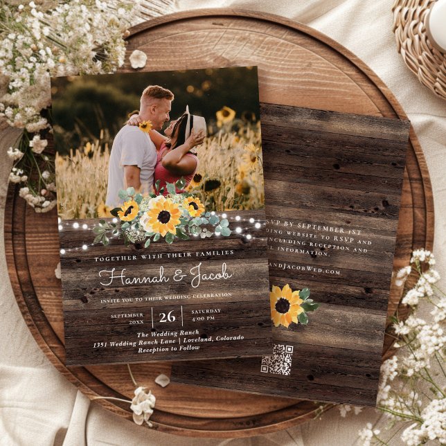 Invitation Réponse de mariage QR Code Bois rustique Tournesol (Créateur téléchargé)
