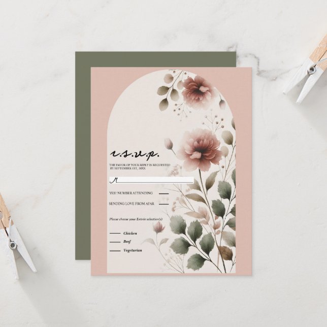 Invitation Réponse de mariage Rose des sables Fleurs de verdu (Devant/Arrière en situation)
